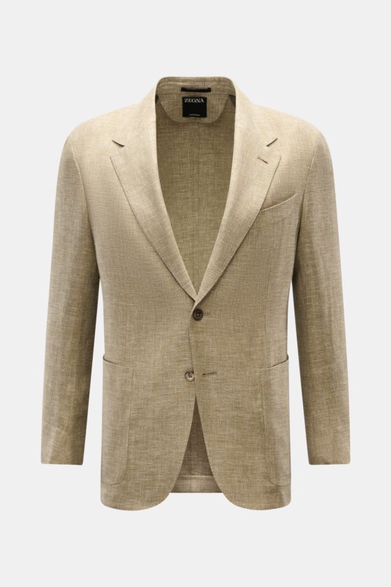 Zegna Sakko oliv meliert aus Leinen, Wolle, Seide, Slim Fit, tailliert, zwei Knöpfe, fallendes Revers, Taschen, frontale Ansicht. Zegna Sakko oliv meliert aus Leinen, Wolle, Seide, Slim Fit, tailliert, zwei Knöpfe, fallendes Revers, Taschen, frontale Ansicht.