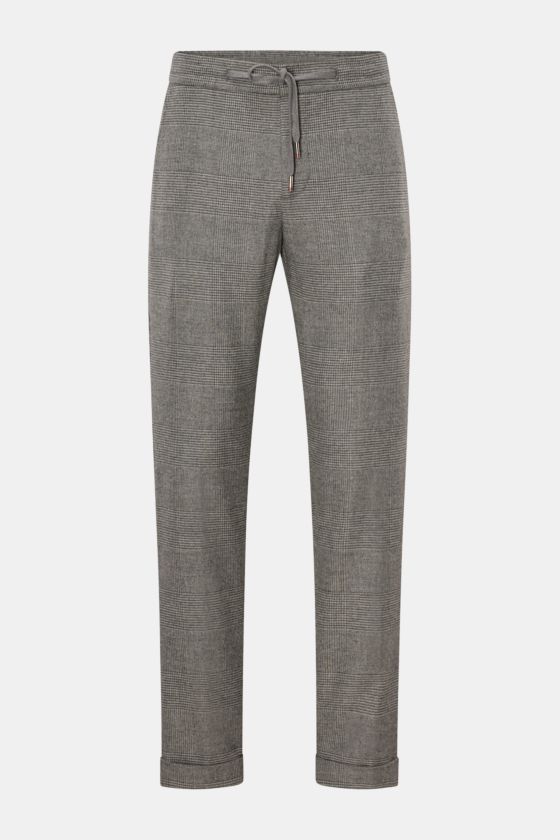 Marco Pescarolo Jogpants 'Caracciolo' hellgrau/dunkelgrau kariert, frontale Ansicht, Schurwolle-Cashmere, elastisch, Karomuster, Tapered Fit, Bund mit Tunnelzug. Marco Pescarolo Jogpants 'Caracciolo' hellgrau/dunkelgrau kariert, frontale Ansicht, Schurwolle-Cashmere, elastisch, Karomuster, Tapered Fit, Bund mit Tunnelzug.