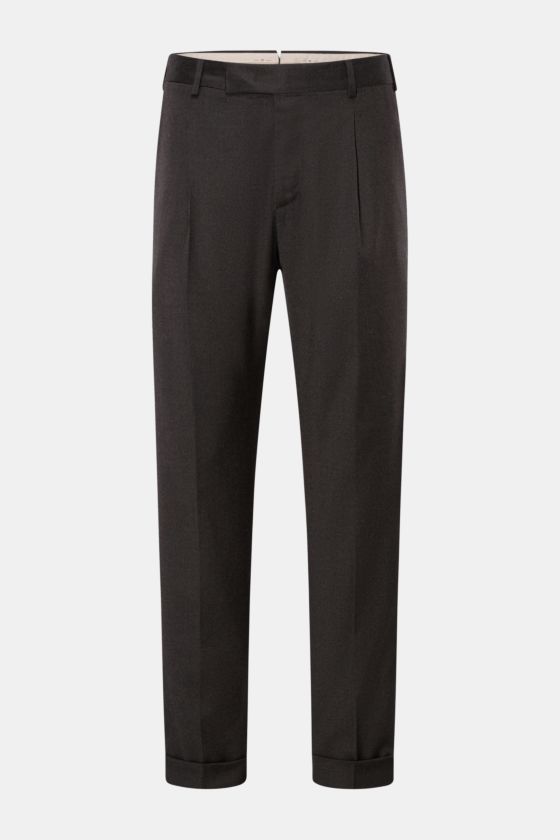 Frontansicht der PT Torino Wollhose 'Rebel Fit' dunkelbraun meliert aus leicht elastischer Schurwolle, weicher Griff, knöchellang, Reißverschluss, Bundhaken, einfache Bundfalte, französische Taschen, Gesäßtaschen mit geknöpfter Patte, fixierter Saumaufsch Frontansicht der PT Torino Wollhose 'Rebel Fit' dunkelbraun meliert aus leicht elastischer Schurwolle, weicher Griff, knöchellang, Reißverschluss, Bundhaken, einfache Bundfalte, französische Taschen, Gesäßtaschen mit geknöpfter Patte, fixierter Saumaufsch