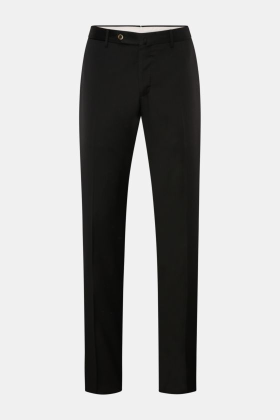 PT Torino Wollhose 'Slim Fit' schwarz, frontale Ansicht, feiner Twill aus reiner Wolle, weicher Griff, schmal zulaufend, Reißverschluss mit Bundknöpfen, französische Taschen, kleine Uhrentasche, paspelierte Gesäßtaschen mit Knopf, offene Länge. PT Torino Wollhose 'Slim Fit' schwarz, frontale Ansicht, feiner Twill aus reiner Wolle, weicher Griff, schmal zulaufend, Reißverschluss mit Bundknöpfen, französische Taschen, kleine Uhrentasche, paspelierte Gesäßtaschen mit Knopf, offene Länge.