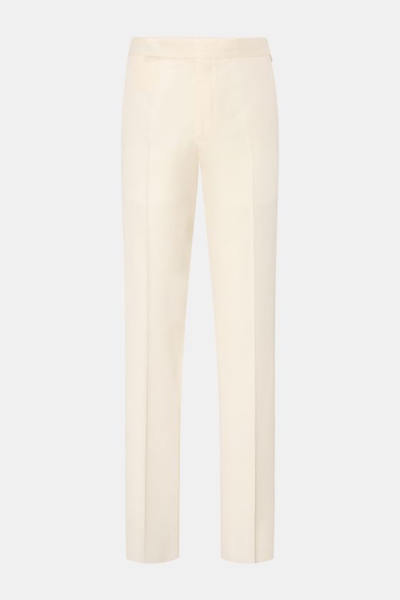 Lardini Hose creme, frontale Ansicht, edler Zwirn aus leichter Viskose mit Seide, Regular Fit, gerader Schnitt, Reißverschluss, Bundhaken, französische Taschen. Lardini Hose creme, frontale Ansicht, edler Zwirn aus leichter Viskose mit Seide, Regular Fit, gerader Schnitt, Reißverschluss, Bundhaken, französische Taschen.