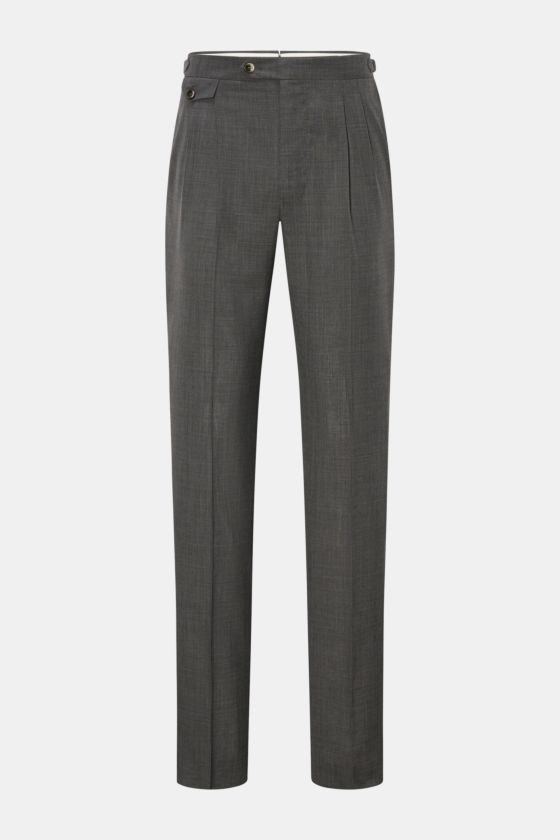 PT Torino Wollhose 'Gentleman Fit' dunkelgrau meliert, Slim Fit, reine Super 130'S Schurwolle, schmal zulaufend, mit Bundknöpfen, seitlicher Verstellmöglichkeit, französischen Taschen, Uhrentasche und doppelter Bundfalte, frontal fotografiert. PT Torino Wollhose 'Gentleman Fit' dunkelgrau meliert, Slim Fit, reine Super 130'S Schurwolle, schmal zulaufend, mit Bundknöpfen, seitlicher Verstellmöglichkeit, französischen Taschen, Uhrentasche und doppelter Bundfalte, frontal fotografiert.