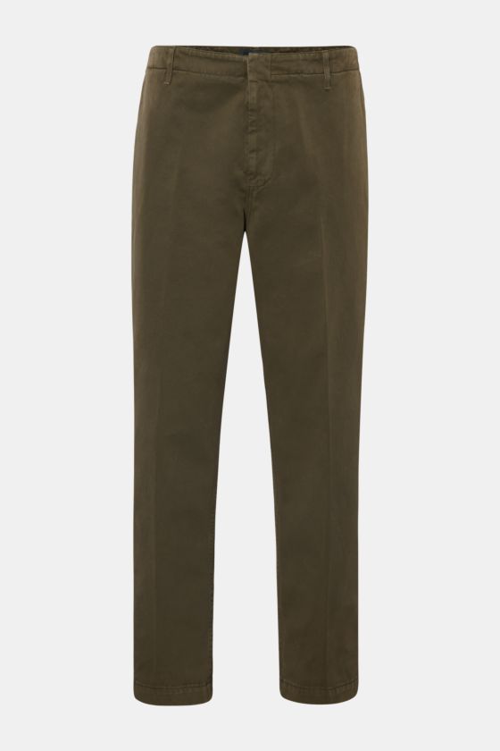Dondup Baumwollhose oliv, frontale Nahaufnahme, knöchellang, tapered Fit, reine Baumwolle, weicher Griff, Bundknopf, Reißverschluss, französische Taschen, paspelierte Gesäßtaschen, Metall-Initial. Dondup Baumwollhose oliv, frontale Nahaufnahme, knöchellang, tapered Fit, reine Baumwolle, weicher Griff, Bundknopf, Reißverschluss, französische Taschen, paspelierte Gesäßtaschen, Metall-Initial.