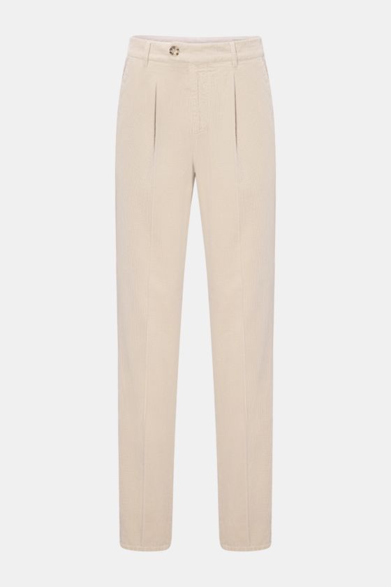 Brunello Cucinelli Cordhose creme, frontale Ansicht, reine Baumwolle, Regular Fit, sehr schmal zulaufend, Bundfalte, französische Taschen, paspelierte Gesäßtaschen, Reißverschluss und Bundknopf. Brunello Cucinelli Cordhose creme, frontale Ansicht, reine Baumwolle, Regular Fit, sehr schmal zulaufend, Bundfalte, französische Taschen, paspelierte Gesäßtaschen, Reißverschluss und Bundknopf.