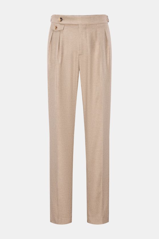 Brunello Cucinelli Hose beige/hellbraun/taupe kariert, frontale Ansicht, Regular Fit mit feinem Hahnentritt, Bundknopf, Side Adjuster, französische Taschen. Brunello Cucinelli Hose beige/hellbraun/taupe kariert, frontale Ansicht, Regular Fit mit feinem Hahnentritt, Bundknopf, Side Adjuster, französische Taschen.
