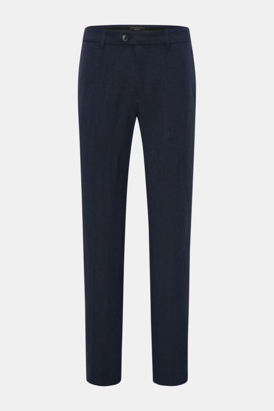 Percival Leinenhose 'Tailored Linen' navy, frontal fotografiert, knöchellang, Tapered Fit, reines Leinen mit französischen Taschen und Knopfverschluss. Percival Leinenhose 'Tailored Linen' navy, frontal fotografiert, knöchellang, Tapered Fit, reines Leinen mit französischen Taschen und Knopfverschluss.