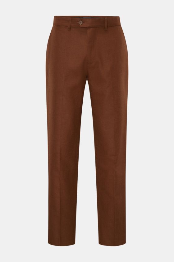 Percival Hose 'Tailored Linen' braun in Frontansicht, gerade geschnitten, Regular Fit, Leinen-Baumwoll-Mix, Bundknopf, Reißverschluss, französische Taschen. Percival Hose 'Tailored Linen' braun in Frontansicht, gerade geschnitten, Regular Fit, Leinen-Baumwoll-Mix, Bundknopf, Reißverschluss, französische Taschen.