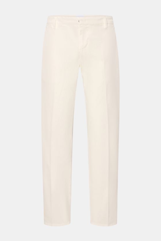 Dondup Baumwollhose 'Gaubert' offwhite, slim Fit, schmal geschnittene Wade, leicht elastisch, weicher Griff, frontale Ansicht mit Reißverschluss, Slide Button, französischen Taschen und Metall-Initial. Dondup Baumwollhose 'Gaubert' offwhite, slim Fit, schmal geschnittene Wade, leicht elastisch, weicher Griff, frontale Ansicht mit Reißverschluss, Slide Button, französischen Taschen und Metall-Initial.