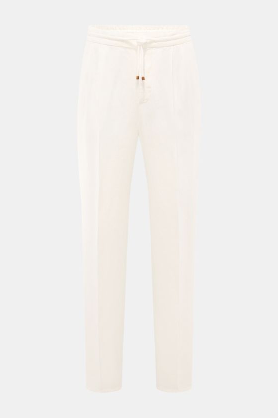 Brunello Cucinelli Leinen-Jogpants offwhite, Frontansicht, Regular Fit, elastischer Bund, Tunnelzug, Reißverschluss, französische Taschen, leichte Twill-Haptik. Brunello Cucinelli Leinen-Jogpants offwhite, Frontansicht, Regular Fit, elastischer Bund, Tunnelzug, Reißverschluss, französische Taschen, leichte Twill-Haptik.