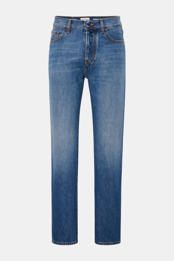 Jacob Cohen Jeans 'Edo' dunkelblau, Slim Fit, knöchellang mit dezenter Used-Waschung, Baumwoll-Lyocell-Denim, gerade Schnitt, Frontansicht. Jacob Cohen Jeans 'Edo' dunkelblau, Slim Fit, knöchellang mit dezenter Used-Waschung, Baumwoll-Lyocell-Denim, gerade Schnitt, Frontansicht.