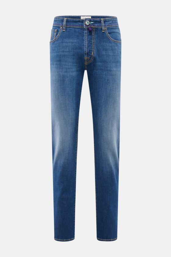 Jacob Cohen Jeans 'Bard Resort' dunkelblau, Slim Fit, schmal zulaufend, Used-Waschung, Baumwolle-Leinen-Denim, Button Fly, Frontansicht. Jacob Cohen Jeans 'Bard Resort' dunkelblau, Slim Fit, schmal zulaufend, Used-Waschung, Baumwolle-Leinen-Denim, Button Fly, Frontansicht.