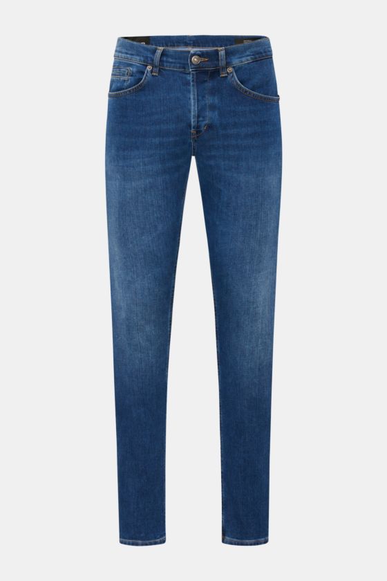 Dondup Jeans 'George' dunkelblau, Frontansicht, Skinny Fit, elastische Baumwolle, Used-Waschung, niedrige Bundhöhe, Five-Pocket-Stil. Dondup Jeans 'George' dunkelblau, Frontansicht, Skinny Fit, elastische Baumwolle, Used-Waschung, niedrige Bundhöhe, Five-Pocket-Stil.