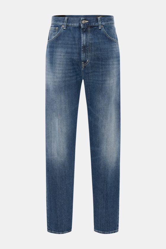 Dondup Jeans 'Paco' dunkelblau, frontale Nahaufnahme, Loose Fit, Used-Waschung, leichte Distressed-Details, Five-Pocket-Stil, Zip Fly. Dondup Jeans 'Paco' dunkelblau, frontale Nahaufnahme, Loose Fit, Used-Waschung, leichte Distressed-Details, Five-Pocket-Stil, Zip Fly.