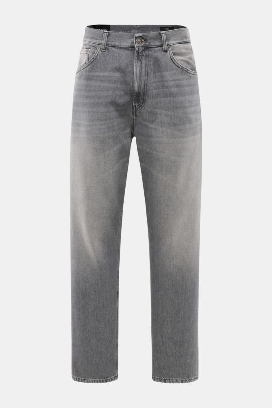 Dondup Jeans 'Paco' grau im Five-Pocket-Stil, aus reiner Baumwolle mit Used-Waschung, Distressed-Details, schmal zulaufend, kurz, Frontansicht. Dondup Jeans 'Paco' grau im Five-Pocket-Stil, aus reiner Baumwolle mit Used-Waschung, Distressed-Details, schmal zulaufend, kurz, Frontansicht.