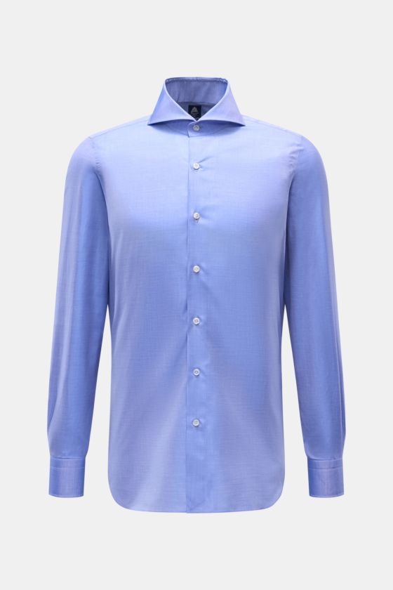 Finamore Business Hemd 'Sergio Napoli' Haifisch-Kragen blau, Frontansicht, reine Baumwolle, Regular Fit, glatter Griff, französische Knopfleiste, Sportmanschette. Finamore Business Hemd 'Sergio Napoli' Haifisch-Kragen blau, Frontansicht, reine Baumwolle, Regular Fit, glatter Griff, französische Knopfleiste, Sportmanschette.