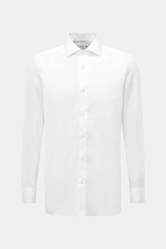 Borrelli Business Hemd 'Luciano' Haifisch-Kragen weiß, Slim Fit, Popeline aus reiner Baumwolle, glatter Griff, klassisch mit französischer Knopfleiste und Sportmanschette, gerundeter Saum, frontal fotografiert. Borrelli Business Hemd 'Luciano' Haifisch-Kragen weiß, Slim Fit, Popeline aus reiner Baumwolle, glatter Griff, klassisch mit französischer Knopfleiste und Sportmanschette, gerundeter Saum, frontal fotografiert.