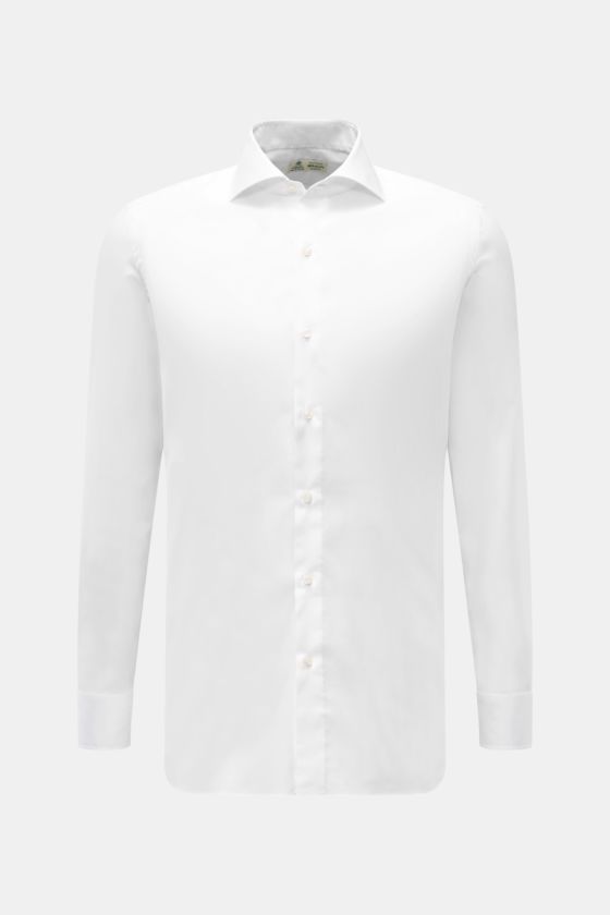 Borrelli Oxford Hemd 'Nando' Haifisch-Kragen weiß, frontale Ansicht, Oxford Baumwolle, weicher Griff, Slim Fit, Perlmuttknöpfe, Sportmanschette, gerundeter Saum. Borrelli Oxford Hemd 'Nando' Haifisch-Kragen weiß, frontale Ansicht, Oxford Baumwolle, weicher Griff, Slim Fit, Perlmuttknöpfe, Sportmanschette, gerundeter Saum.