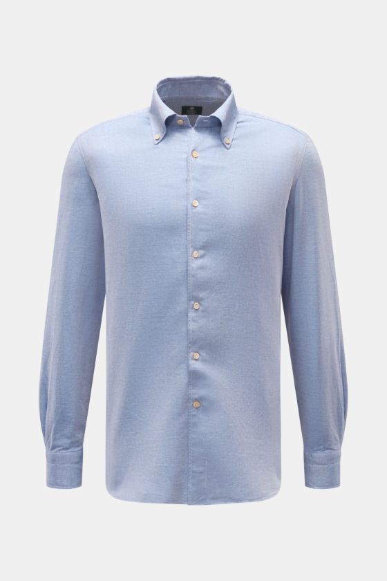 Borrelli Casual Hemd 'Gable' Button-Down-Kragen rauchblau meliert, von vorne, Slim Fit, weicher Griff, Baumwolle und Cashmere, feiner Twill, Perlmuttknöpfe, klassische Sportmanschette, schmale Rückenpasse, Taillenabnäher, gerundeter Saum. Borrelli Casual Hemd 'Gable' Button-Down-Kragen rauchblau meliert, von vorne, Slim Fit, weicher Griff, Baumwolle und Cashmere, feiner Twill, Perlmuttknöpfe, klassische Sportmanschette, schmale Rückenpasse, Taillenabnäher, gerundeter Saum.