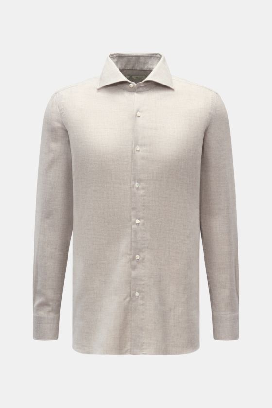 Borrelli Flanellhemd 'Ettore' Haifisch-Kragen grau meliert, slim fit, angeraut, glatter Griff, Twill aus Baumwolle und Wolle, Frontansicht, französische Knopfleiste mit Perlmuttknöpfen, klassische Sportmanschette, gerundeter Saumverlauf. Borrelli Flanellhemd 'Ettore' Haifisch-Kragen grau meliert, slim fit, angeraut, glatter Griff, Twill aus Baumwolle und Wolle, Frontansicht, französische Knopfleiste mit Perlmuttknöpfen, klassische Sportmanschette, gerundeter Saumverlauf.