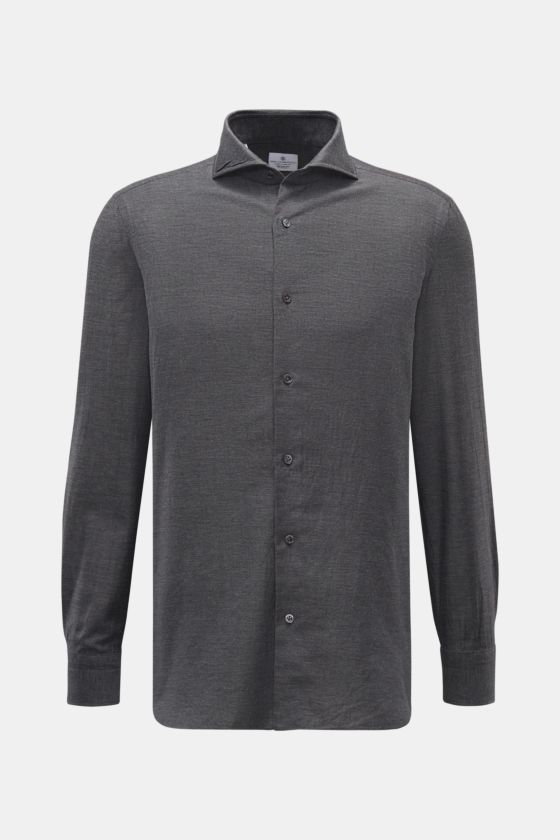 Giampaolo Casual Hemd Haifisch-Kragen dunkelgrau meliert, Slim Fit, Baumwolle-Cashmere, Haifisch-Kragen, französische Knopfleiste, Sportmanschette, Frontalansicht. Giampaolo Casual Hemd Haifisch-Kragen dunkelgrau meliert, Slim Fit, Baumwolle-Cashmere, Haifisch-Kragen, französische Knopfleiste, Sportmanschette, Frontalansicht.