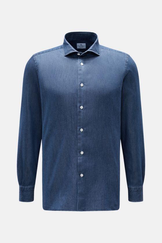 Giampaolo Chambray-Hemd Haifisch-Kragen blau, Slim Fit, feiner Baumwoll-Chambray, weicher Griff, französische Knopfleiste, Sportmanschette, Frontalansicht. Giampaolo Chambray-Hemd Haifisch-Kragen blau, Slim Fit, feiner Baumwoll-Chambray, weicher Griff, französische Knopfleiste, Sportmanschette, Frontalansicht.