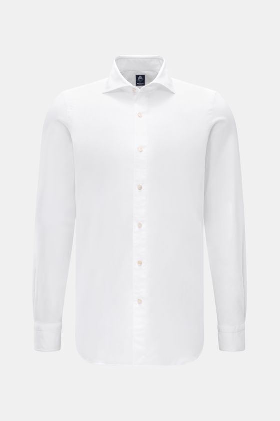 Finamore Oxford Hemd 'Edoardo Gaeta' Haifisch-Kragen weiß, frontal fotografiert, aus Baumwolle, Regular Fit, extralange Ärmel, französische Knopfleiste, Sportmanschette, gerundeter Saum, leicht griffige Haptik. Finamore Oxford Hemd 'Edoardo Gaeta' Haifisch-Kragen weiß, frontal fotografiert, aus Baumwolle, Regular Fit, extralange Ärmel, französische Knopfleiste, Sportmanschette, gerundeter Saum, leicht griffige Haptik.