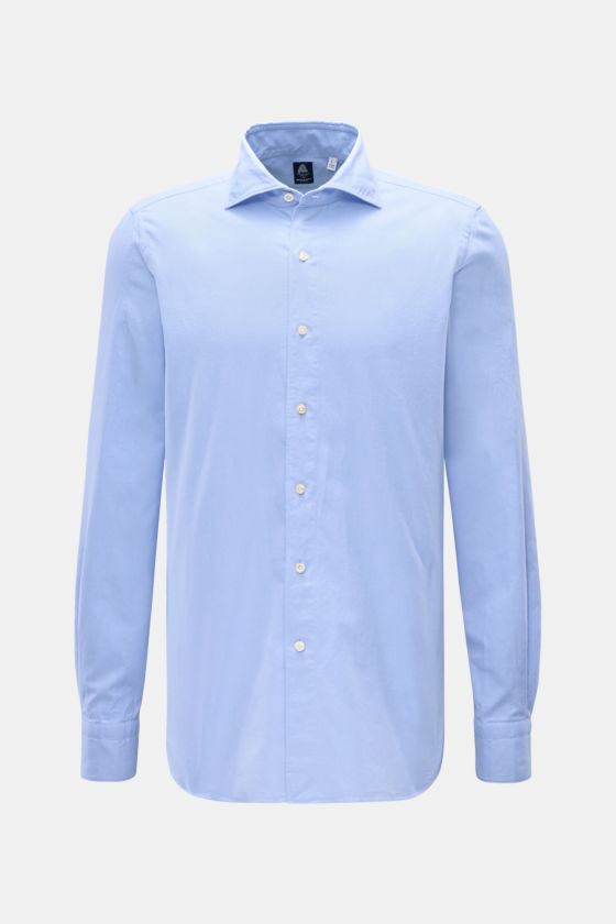 Finamore Flanellhemd 'Edoardo Gaeta' Haifisch-Kragen hellblau, Frontansicht, Regular Fit, Baumwollflanell, soft, extralange Ärmel, französische Knopfleiste, Sportmanschette, gerundeter Saum Finamore Flanellhemd 'Edoardo Gaeta' Haifisch-Kragen hellblau, Frontansicht, Regular Fit, Baumwollflanell, soft, extralange Ärmel, französische Knopfleiste, Sportmanschette, gerundeter Saum