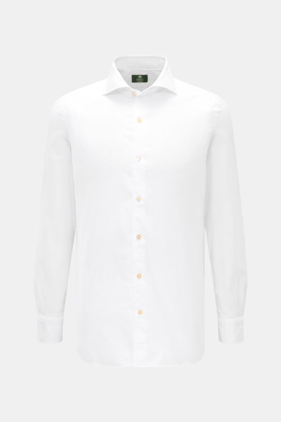 Borrelli Oxford Hemd 'Ettore' Haifisch-Kragen weiß, frontal fotografiert, aus reiner Baumwolle, Extra Slim Fit, Haifisch-Kragen, französische Knopfleiste, lange Ärmel, klassische Sportmanschette. Borrelli Oxford Hemd 'Ettore' Haifisch-Kragen weiß, frontal fotografiert, aus reiner Baumwolle, Extra Slim Fit, Haifisch-Kragen, französische Knopfleiste, lange Ärmel, klassische Sportmanschette.