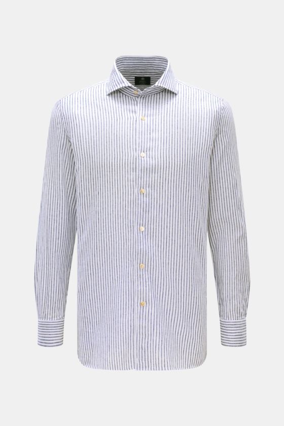 Borrelli Leinenhemd 'Ettore' Haifisch-Kragen navy/weiß gestreift, Extra Slim Fit, reine Leinenqualität, frontale Ansicht mit langen Ärmeln. Borrelli Leinenhemd 'Ettore' Haifisch-Kragen navy/weiß gestreift, Extra Slim Fit, reine Leinenqualität, frontale Ansicht mit langen Ärmeln.
