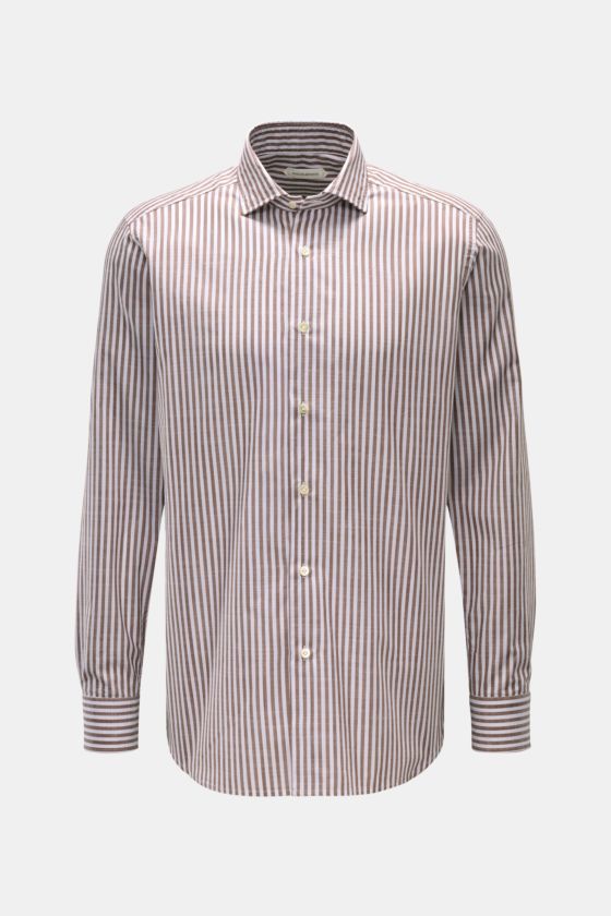 Guglielminotti Casual Hemd Haifisch-Kragen braun/weiß gestreift, Slim Fit, reine Baumwolle, Haifisch-Kragen, frontale Perspektive. Guglielminotti Casual Hemd Haifisch-Kragen braun/weiß gestreift, Slim Fit, reine Baumwolle, Haifisch-Kragen, frontale Perspektive.