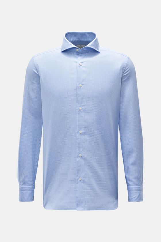 Giampaolo Casual Hemd Haifisch-Kragen hellblau/weiß kariert, Slim Fit, micro Hahnentritt, feine Baumwolle, Haifisch-Kragen, Frontansicht. Giampaolo Casual Hemd Haifisch-Kragen hellblau/weiß kariert, Slim Fit, micro Hahnentritt, feine Baumwolle, Haifisch-Kragen, Frontansicht.