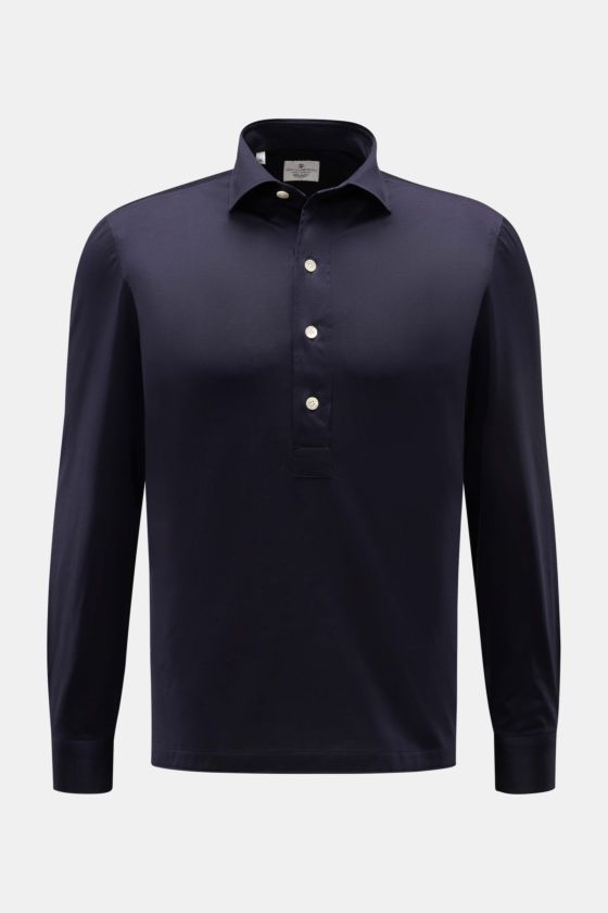Giampaolo Jersey Popover-Hemd Haifisch-Kragen navy, frontale Perspektive, Baumwoll-Jersey, Regular Fit, Perlmuttknöpfe, Sportmanschette, gerader Saum, kurze Saumschlitze, leichte Qualität. Giampaolo Jersey Popover-Hemd Haifisch-Kragen navy, frontale Perspektive, Baumwoll-Jersey, Regular Fit, Perlmuttknöpfe, Sportmanschette, gerader Saum, kurze Saumschlitze, leichte Qualität.