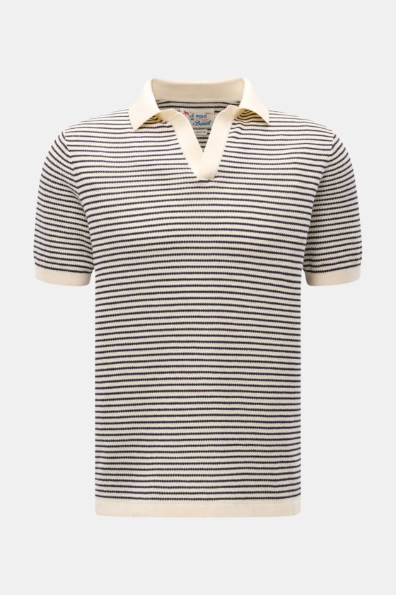 MC2 Saint Barth Kurzarm-Strickpolo 'Sloan' creme/navy gestreift, Slim Fit, feiner Baumwoll-Strick, Polokragen, frontale Nahaufnahme. MC2 Saint Barth Kurzarm-Strickpolo 'Sloan' creme/navy gestreift, Slim Fit, feiner Baumwoll-Strick, Polokragen, frontale Nahaufnahme.