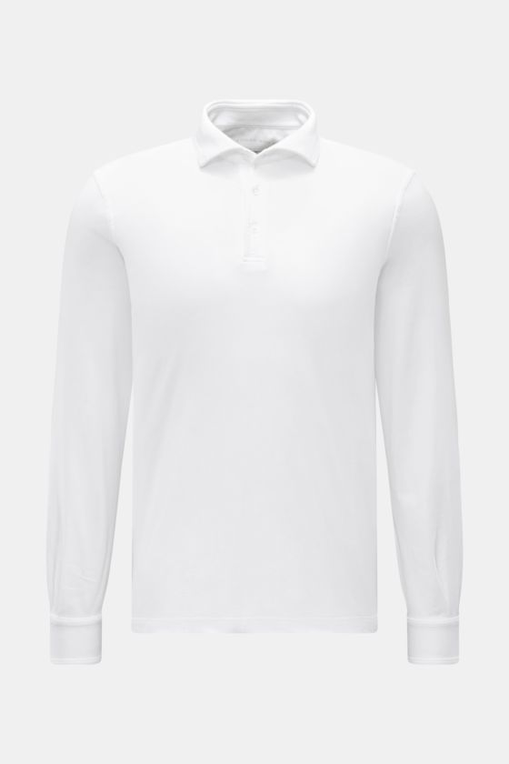 Fedeli Jersey Longsleeve-Poloshirt 'Zero' weiß, frontal fotografiert, Slim Fit aus sanfter, seidiger Giza-Baumwolle, Perlmuttknöpfe, klassischer Polokragen. Fedeli Jersey Longsleeve-Poloshirt 'Zero' weiß, frontal fotografiert, Slim Fit aus sanfter, seidiger Giza-Baumwolle, Perlmuttknöpfe, klassischer Polokragen.