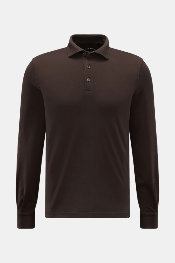 Fedeli Jersey Longsleeve-Poloshirt 'Zero' braun, frontale Ansicht, Slim Fit aus seidiger Giza-Baumwolle mit Perlmuttknöpfen, Polokragen, Manschetten und Saumschlitzen. Fedeli Jersey Longsleeve-Poloshirt 'Zero' braun, frontale Ansicht, Slim Fit aus seidiger Giza-Baumwolle mit Perlmuttknöpfen, Polokragen, Manschetten und Saumschlitzen.