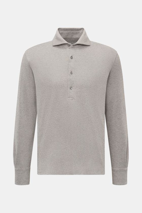 The Product is the Hero Longsleeve-Poloshirt grau meliert, frontale Ansicht, leichtes Piqué aus Baumwolle-Cashmere, Polokragen Haifisch-Form, vier Knöpfe, Regular Fit. The Product is the Hero Longsleeve-Poloshirt grau meliert, frontale Ansicht, leichtes Piqué aus Baumwolle-Cashmere, Polokragen Haifisch-Form, vier Knöpfe, Regular Fit.
