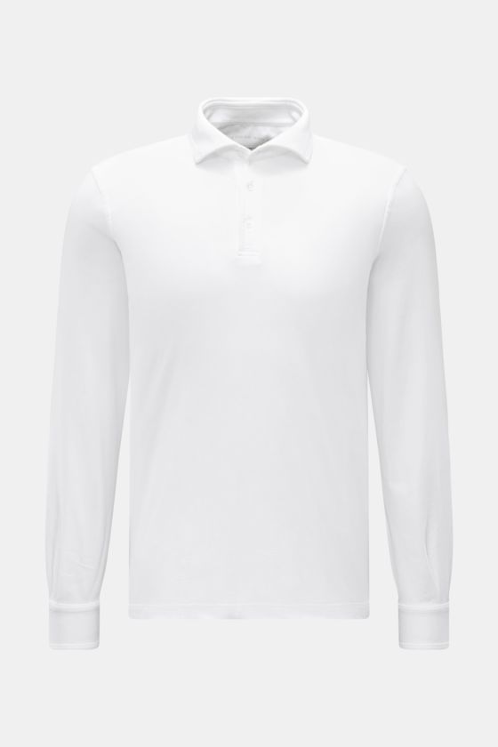 Fedeli Jersey Longsleeve-Poloshirt weiß, vorne fotografiert, aus sanfter, nachhaltiger Giza-Baumwolle mit Perlmuttknöpfen, Slim Fit, Polokragen. Fedeli Jersey Longsleeve-Poloshirt weiß, vorne fotografiert, aus sanfter, nachhaltiger Giza-Baumwolle mit Perlmuttknöpfen, Slim Fit, Polokragen.