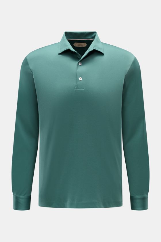 Aurélien Jersey Longsleeve-Poloshirt graugrün, Slim Fit, ägyptische Baumwolle, Polokragen, 3-Knopf-Leiste, Sportmanschette, Saumschlitze, Frontansicht. Aurélien Jersey Longsleeve-Poloshirt graugrün, Slim Fit, ägyptische Baumwolle, Polokragen, 3-Knopf-Leiste, Sportmanschette, Saumschlitze, Frontansicht.