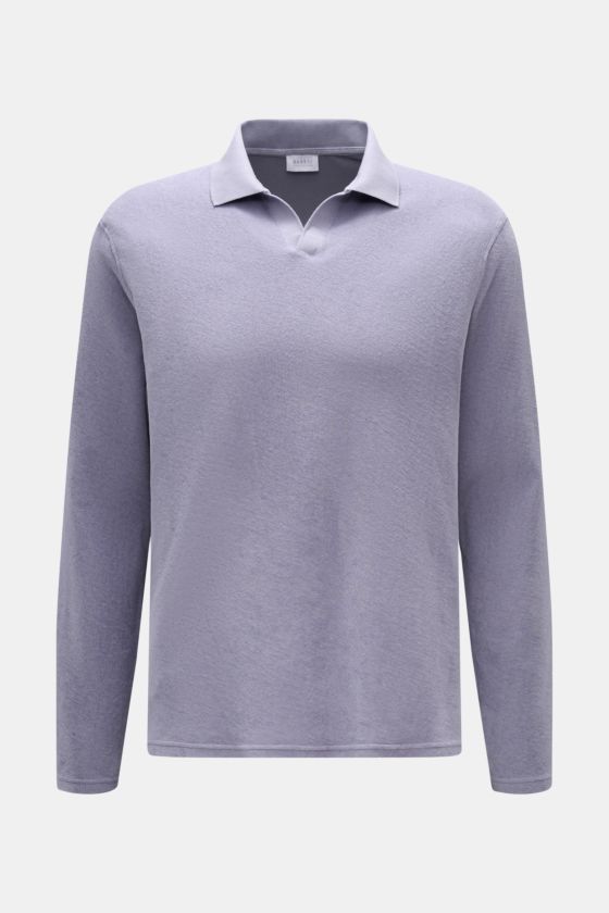 Frontansicht des 04651/ A trip in a bag Frottee Longsleeve-Poloshirt 'Terry Johnny' lavender aus reiner Baumwolle mit weichem Griff, Regular Fit, klassischem Polokragen, offener Kragenleiste und kurzen Saumschlitzen – Urlaubsgefühl zum Anziehen. Frontansicht des 04651/ A trip in a bag Frottee Longsleeve-Poloshirt 'Terry Johnny' lavender aus reiner Baumwolle mit weichem Griff, Regular Fit, klassischem Polokragen, offener Kragenleiste und kurzen Saumschlitzen – Urlaubsgefühl zum Anziehen.