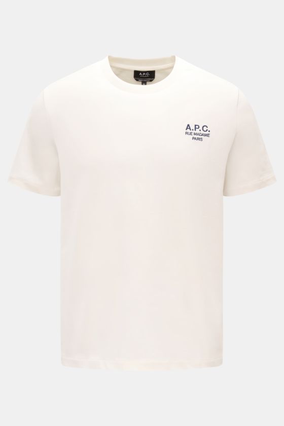A.P.C. Rundhals-T-Shirt 'Standard Rue Madame' offwhite, frontal fotografiert, aus weichem Baumwoll-Jersey, Regular Fit, mit Logo-Stickerei auf der Brust. A.P.C. Rundhals-T-Shirt 'Standard Rue Madame' offwhite, frontal fotografiert, aus weichem Baumwoll-Jersey, Regular Fit, mit Logo-Stickerei auf der Brust.