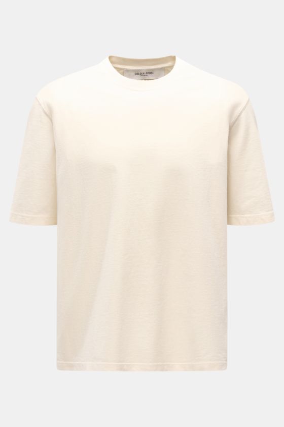 Golden Goose Rundhals-T-Shirt creme, Frontansicht, oversized Fit, weicher Baumwoll-Jersey, markante Vintage-Details, Rundhalsausschnitt, Italien-Design. Golden Goose Rundhals-T-Shirt creme, Frontansicht, oversized Fit, weicher Baumwoll-Jersey, markante Vintage-Details, Rundhalsausschnitt, Italien-Design.