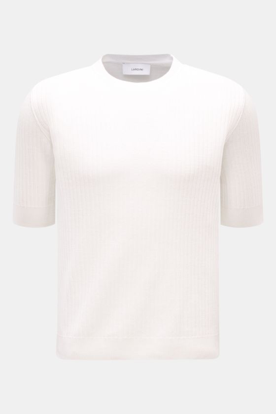 Lardini Kurzarmpullover offwhite, frontal fotografiert, Slim Fit mit Rundhalsausschnitt, weichem Leinen-Baumwoll-Mix und feinem Rippstrick-Design. Lardini Kurzarmpullover offwhite, frontal fotografiert, Slim Fit mit Rundhalsausschnitt, weichem Leinen-Baumwoll-Mix und feinem Rippstrick-Design.