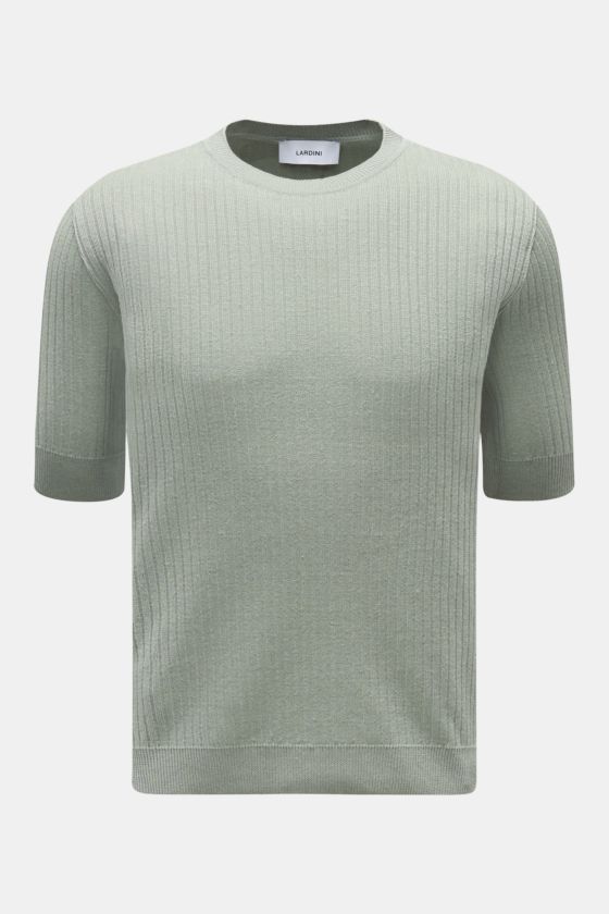 Lardini Kurzarmpullover salbei, frontal fotografiert, Slim Fit, Rundhalsausschnitt, weicher Leinen-Baumwoll-Mix, Rippstrick mit komfortablen Bündchen. Lardini Kurzarmpullover salbei, frontal fotografiert, Slim Fit, Rundhalsausschnitt, weicher Leinen-Baumwoll-Mix, Rippstrick mit komfortablen Bündchen.
