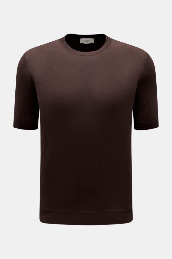 Piacenza 1733 Kurzarmpullover dunkelbraun in Slim Fit, frontale Ansicht, leichter Baumwollstrick mit offenem Strickbild, flexible Rippbündchen. Piacenza 1733 Kurzarmpullover dunkelbraun in Slim Fit, frontale Ansicht, leichter Baumwollstrick mit offenem Strickbild, flexible Rippbündchen.