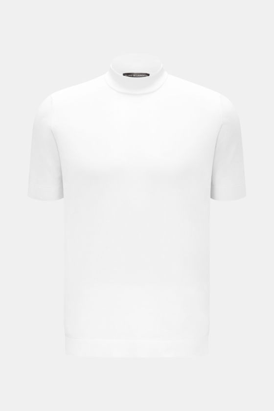 Filippo de Laurentiis Kurzarmpullover weiß, frontale Ansicht, Slim Fit, Stehkragen, reine Baumwolle, weicher Griff, feines Strickbild, zeitloses Basic. Filippo de Laurentiis Kurzarmpullover weiß, frontale Ansicht, Slim Fit, Stehkragen, reine Baumwolle, weicher Griff, feines Strickbild, zeitloses Basic.