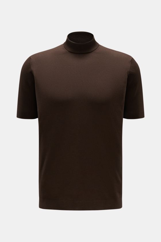 Filippo de Laurentiis Kurzarmpullover dunkelbraun, frontale Aufnahme, Slim Fit, Stehkragen, weiche reine Baumwolle, feines Strickbild. Filippo de Laurentiis Kurzarmpullover dunkelbraun, frontale Aufnahme, Slim Fit, Stehkragen, weiche reine Baumwolle, feines Strickbild.