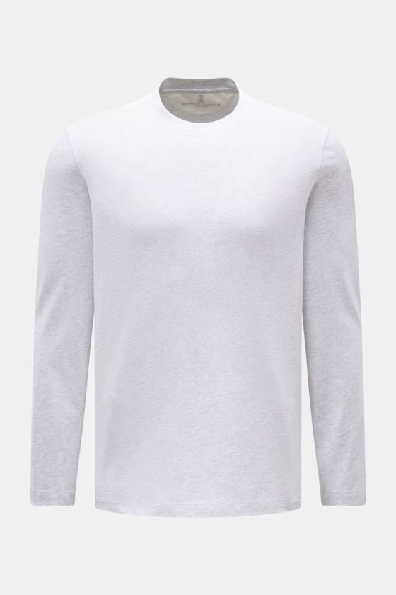 Brunello Cucinelli Rundhals-Longsleeve hellgrau meliert, Slim Fit, weicher Baumwolljersey, leichte Qualität, Rundhalsausschnitt, Saumschlitze, Frontansicht. Brunello Cucinelli Rundhals-Longsleeve hellgrau meliert, Slim Fit, weicher Baumwolljersey, leichte Qualität, Rundhalsausschnitt, Saumschlitze, Frontansicht.