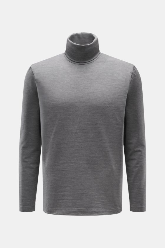 04651/ A trip in a bag Merino Rollkragenpullover grau meliert, Slim Fit, weicher Griff, feines Strickbild, elastisch, Frontansicht, reine Merinowolle. 04651/ A trip in a bag Merino Rollkragenpullover grau meliert, Slim Fit, weicher Griff, feines Strickbild, elastisch, Frontansicht, reine Merinowolle.