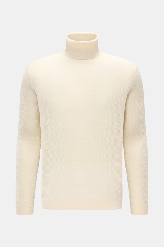 Emporio Armani Rollkragenpullover creme, frontal fotografiert, Slim Fit Feinstrick mit markantem Struktur-Muster, anliegendem Rollkragen, weicher Wolle mit Microfaser, flexiblen Rippbündchen und tonalem Stitching. Emporio Armani Rollkragenpullover creme, frontal fotografiert, Slim Fit Feinstrick mit markantem Struktur-Muster, anliegendem Rollkragen, weicher Wolle mit Microfaser, flexiblen Rippbündchen und tonalem Stitching.