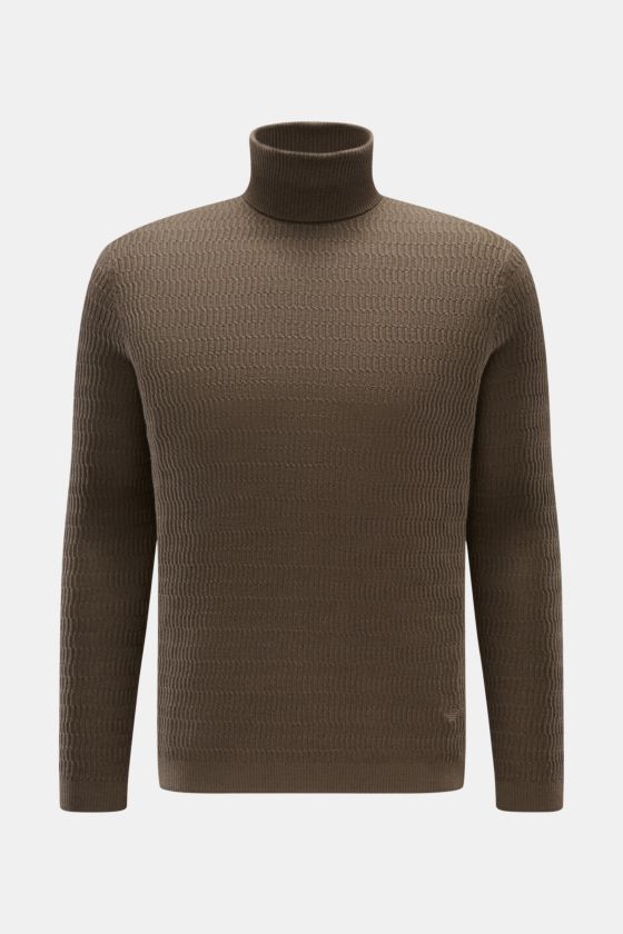 Emporio Armani Rollkragenpullover graubraun, frontale Ansicht, Feinstrick mit markantem Struktur-Muster, Slim Fit, weiche Wolle mit Microfaser, elastisch, tonales Stitching. Emporio Armani Rollkragenpullover graubraun, frontale Ansicht, Feinstrick mit markantem Struktur-Muster, Slim Fit, weiche Wolle mit Microfaser, elastisch, tonales Stitching.